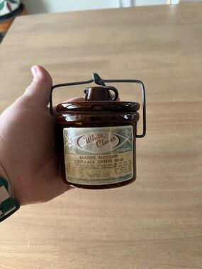 Vintage Stoneware Crock Cheese Jar Advertising 4.5” w Lid